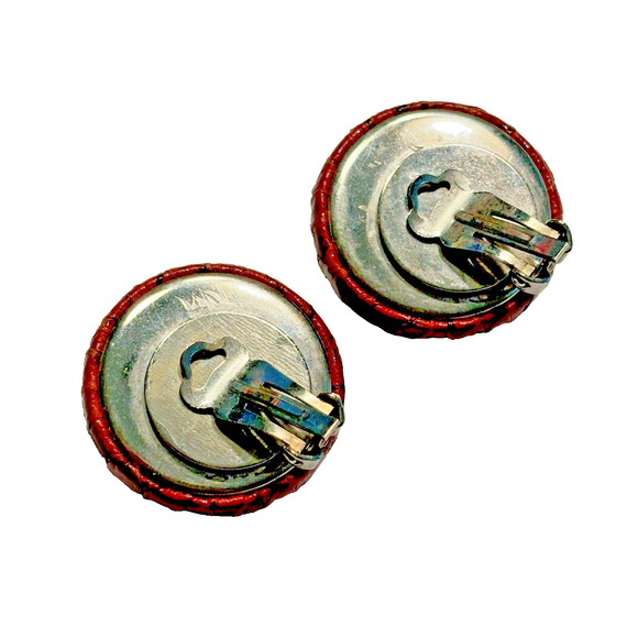 Vintage Mid Century Chunky Clip On Earrings Snakeskin Rounds Red Orange Leather - Picture 3 of 6